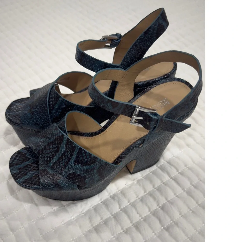 Michael Kors‎ Blue Snakeskin Embossed Leather Platform Block Heel Sandals 7M